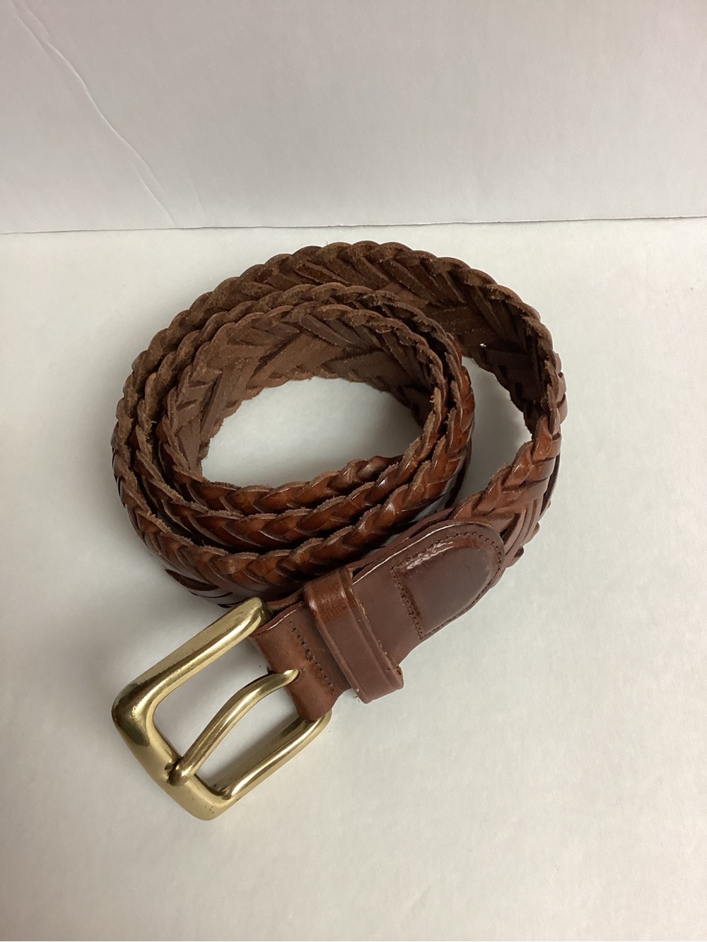 Braided Brown Leather Belt with Brass Buckle - Men